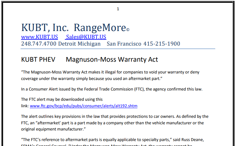 RangeMore KUBT PHEV Magnuson-Moss Warranty Act